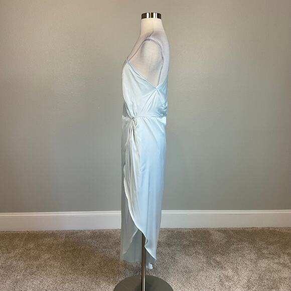 Satin One Shoulder High Low Cocktail Dress Blue Size 12 Thigh Slit Shift by AQUA - Picture 3 of 12